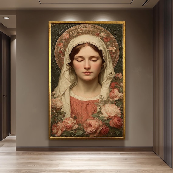 Virgin Mary Closed Eyes Roses Vintage Catholic Devotional Poster