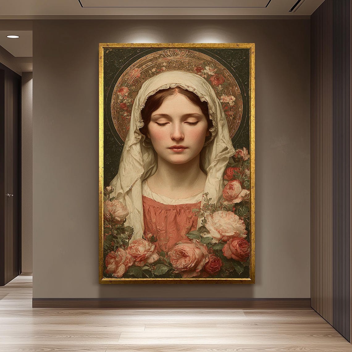Virgin Mary Closed Eyes Roses Vintage Catholic Devotional Poster