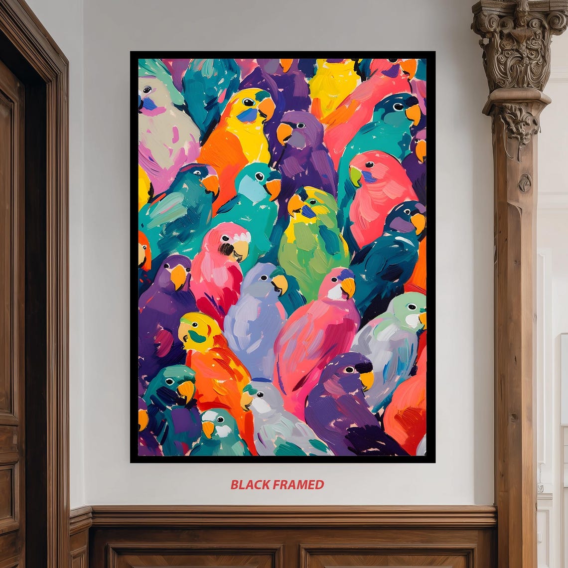 Colorful Parrot Flock Vibrant Tropical Bird Painting Art Poster