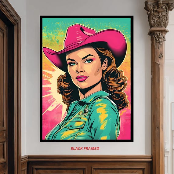 Retro Cowgirl Pop Art Wall Print With Pink Hat And Western Shirt On Colorful Comic Background For Bold Country Rodeo Room Decor