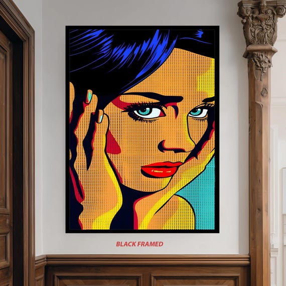 Colorful Pop Art Canvas Wall Of Woman Face With Blue Eyes And Red Lips In Retro Comic Book Style For Bold Modern Home Decor Print