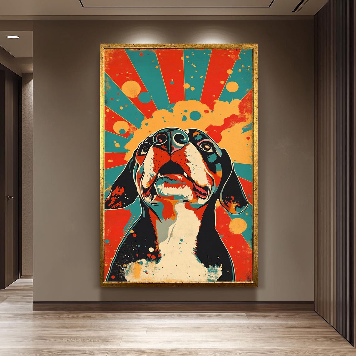 Retro Pop Art Beagle Dog Portrait With Bold Red Sunburst Poster