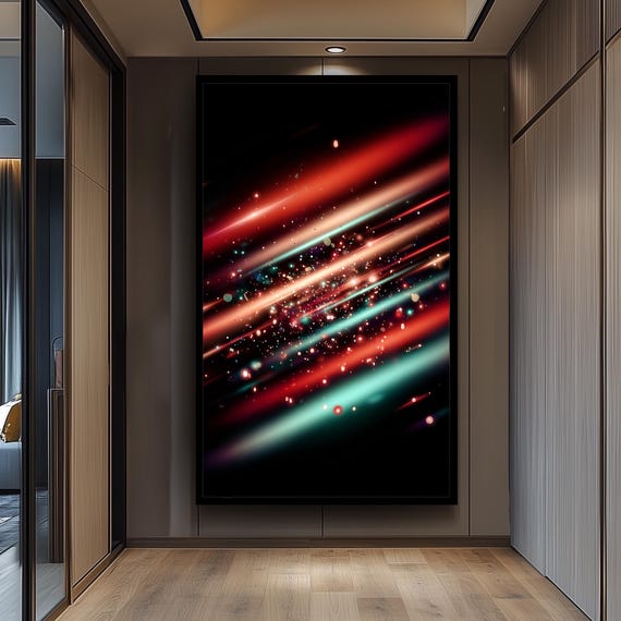 Colorful Neon Light Streaks And Sparkling Particles On Black Background Canvas Wall Art For Modern Abstract Room Decoration Artwork