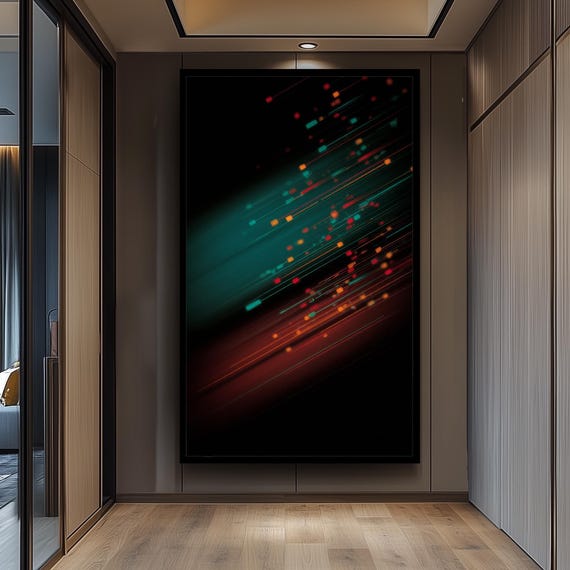 Diagonal Neon Light Lines And Pixel Particles On Black Canvas Wall Art For Modern Abstract Home Office Decor Living Room Artwork