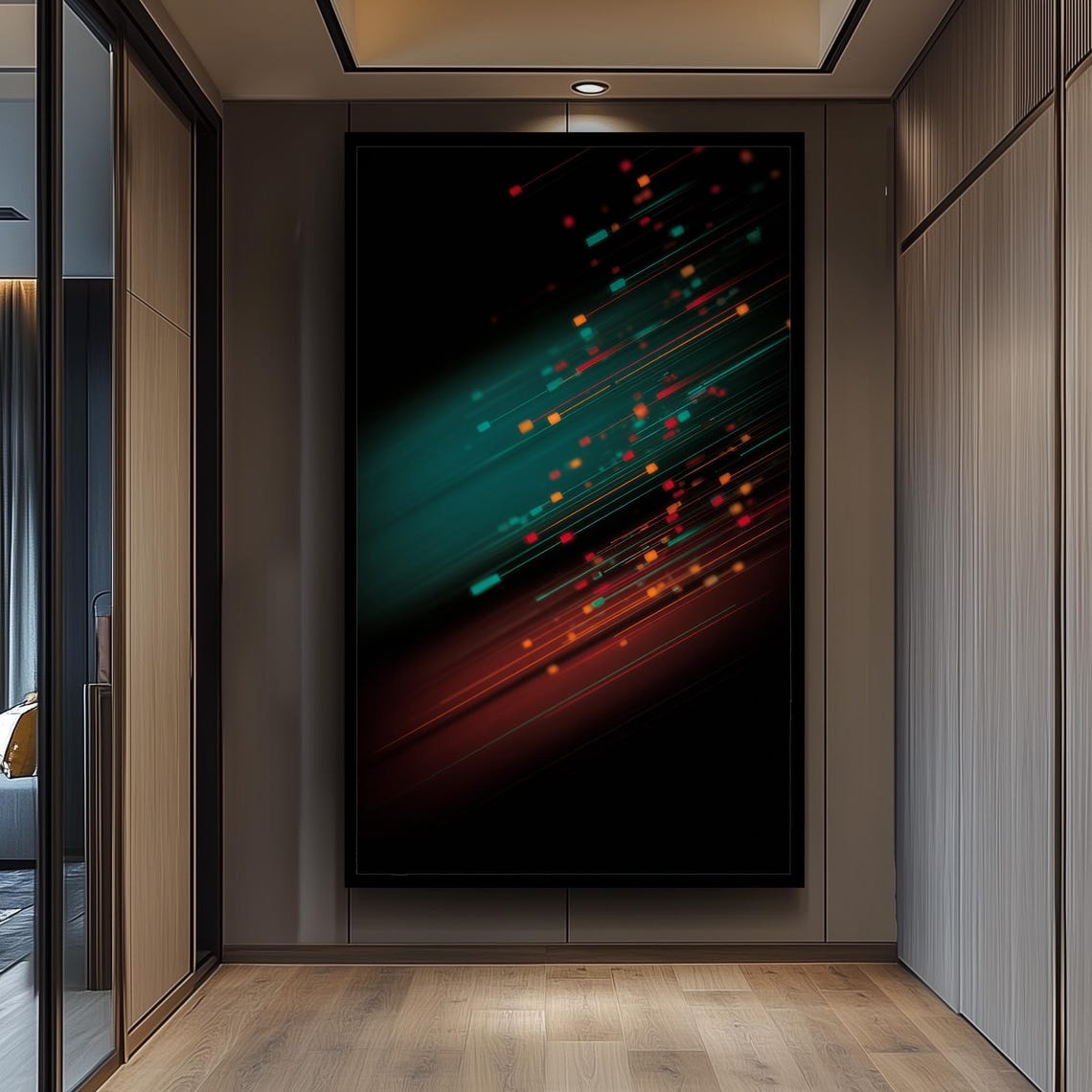 Diagonal Neon Light Lines Pixel Particles On Black Art Poster