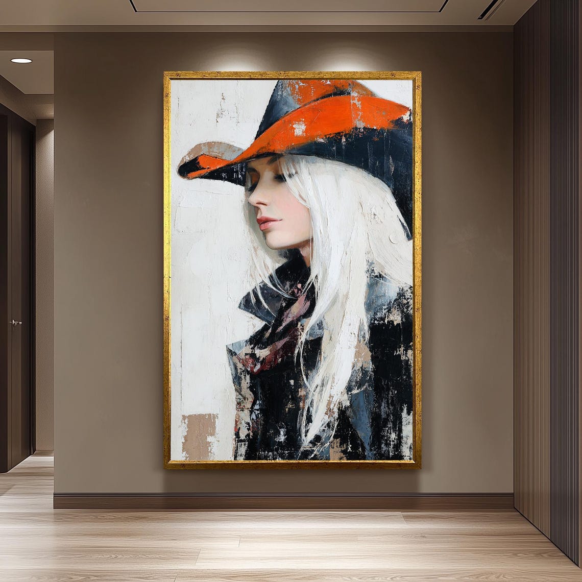 Abstract Cowgirl Profile Orange Hat Textured Western Oil Poster