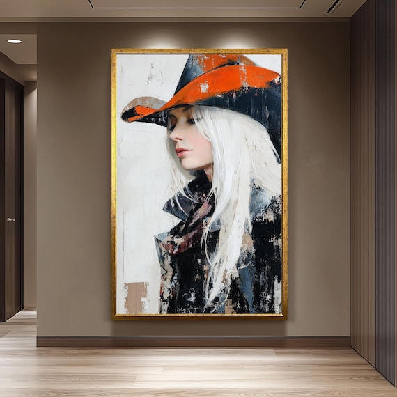 Abstract Cowgirl Profile Orange Hat Textured Western Oil Poster