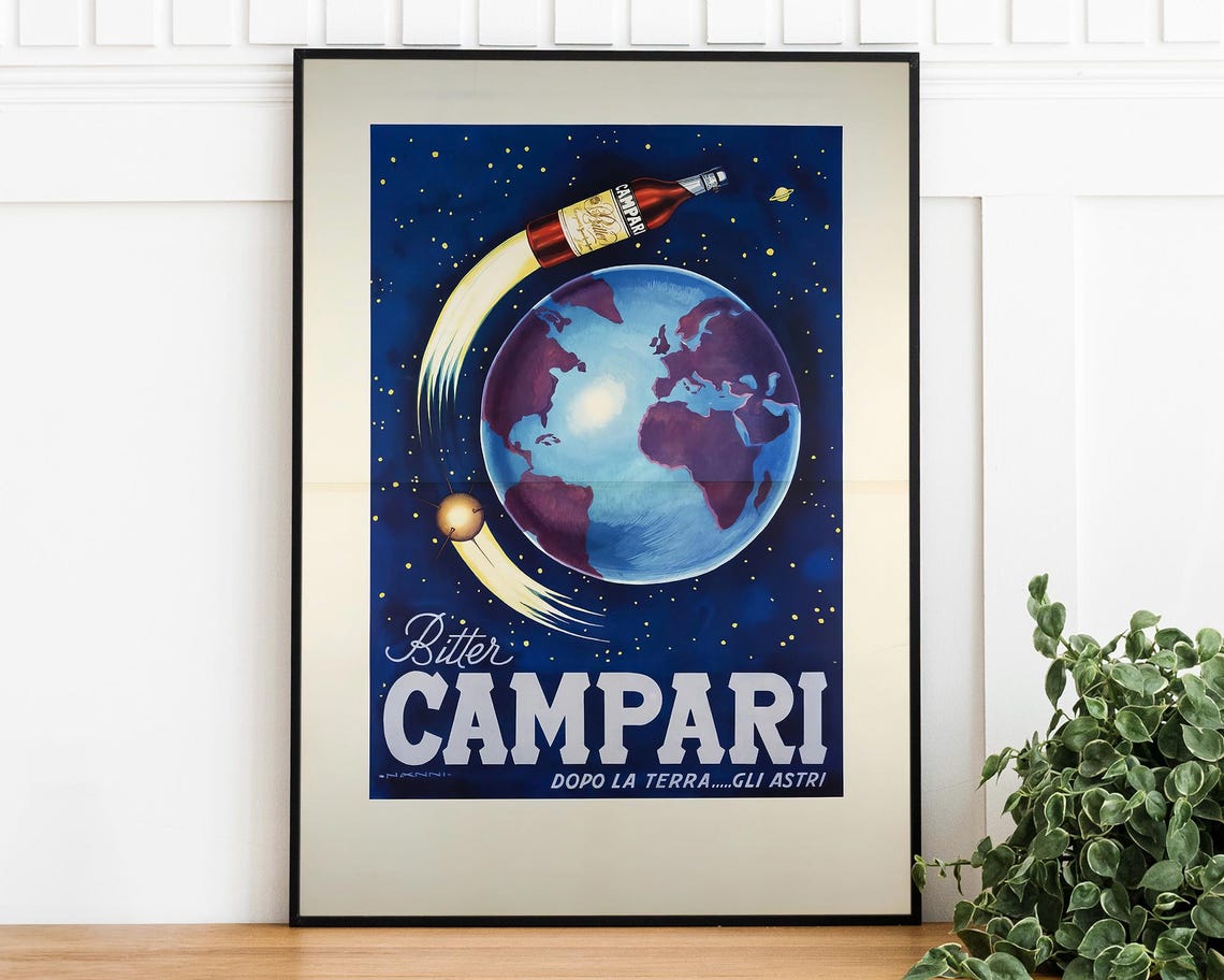 Bitter Campari Italian Advertising Retro Bottle Orbiting Earth Poster