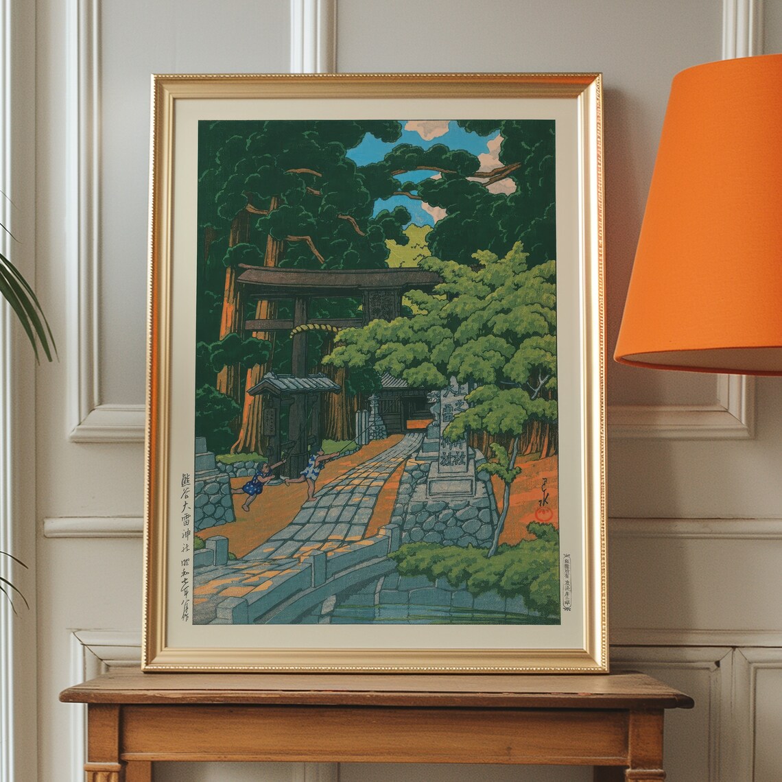 Japanese Temple Forest Shrine Torii Gate Woodblock Art Poster - Image 2