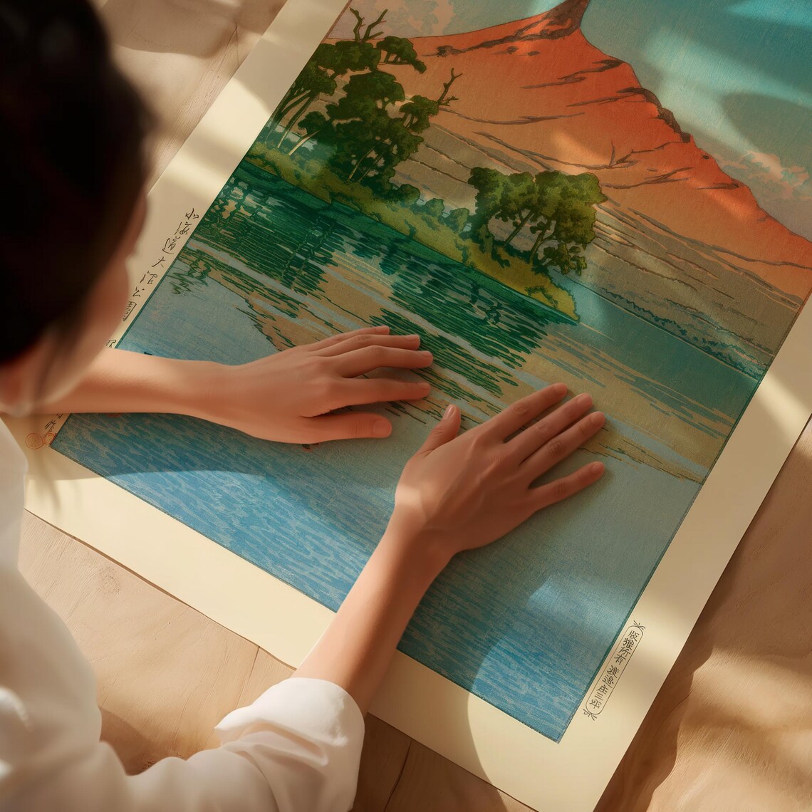 Vintage Japanese Red Mountain Lake Reflection Woodblock Art Poster - Image 2