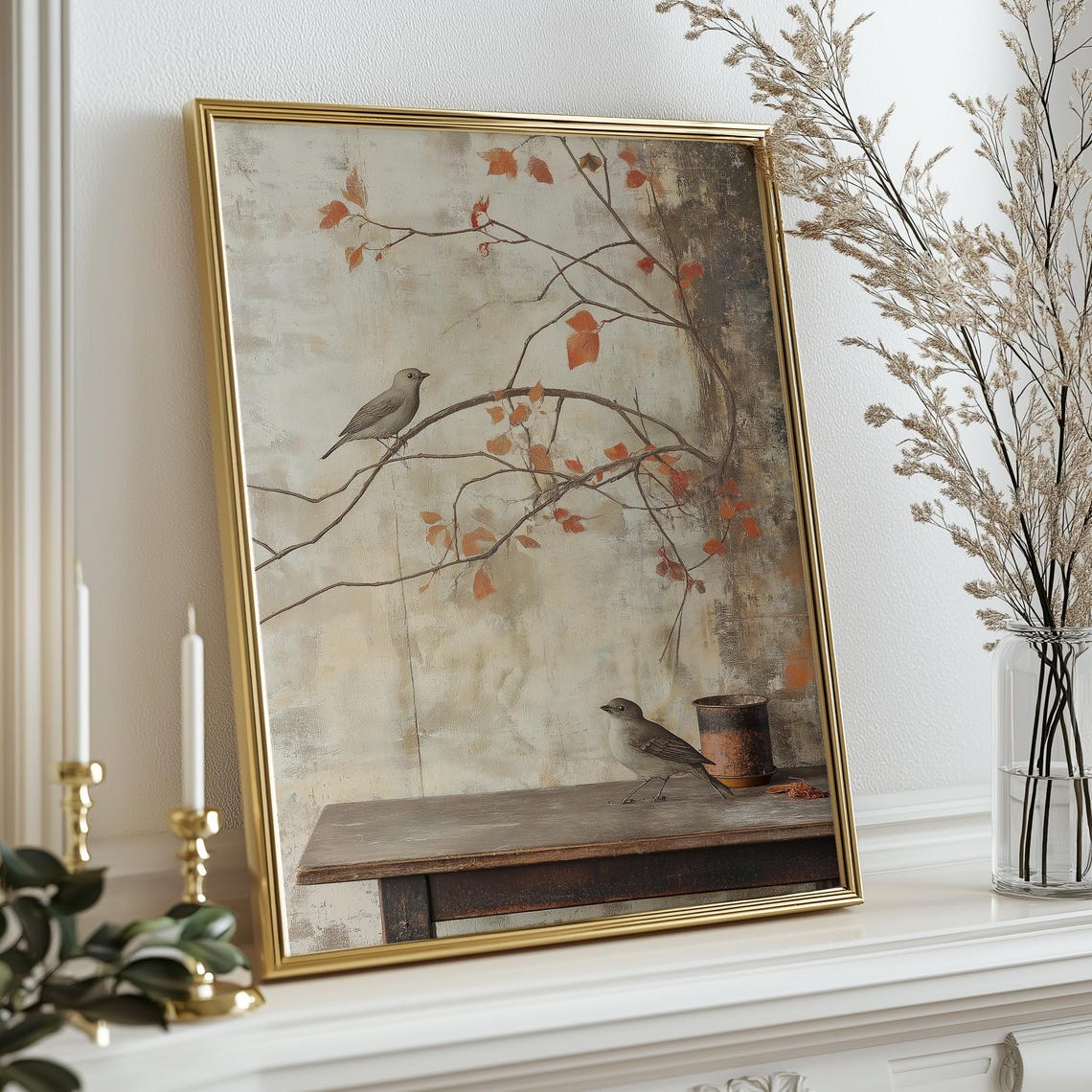 Two Birds on Autumn Branch Muted Vintage Still Life Art Print - Image 3