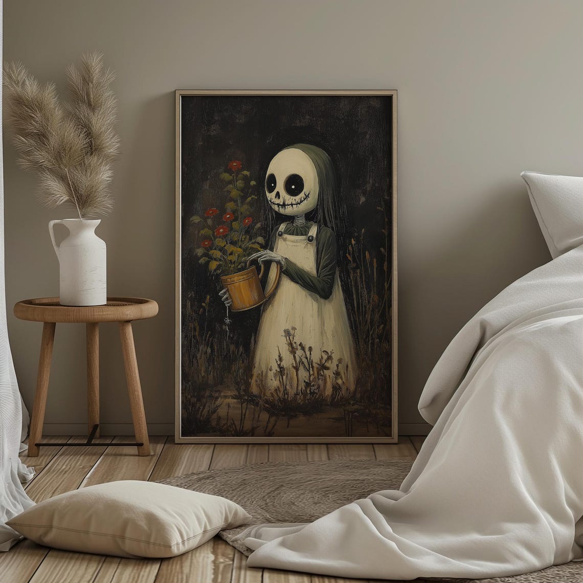 Skeleton Girl Watering Red Flowers Dark Gothic Garden Poster - Image 3