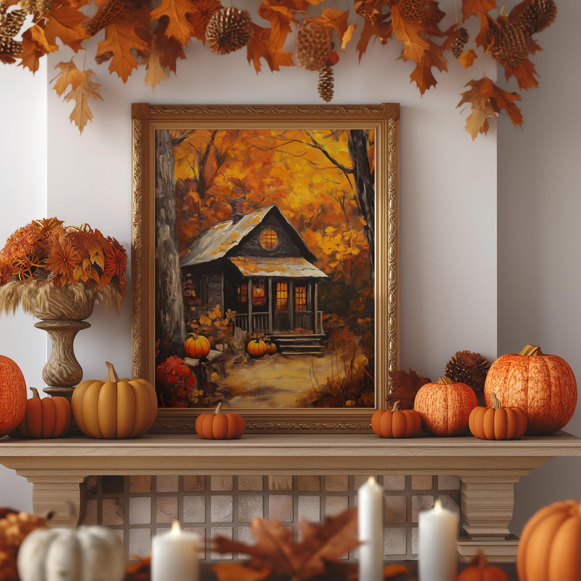 Cozy Autumn Cabin Fall Forest Glowing Windows Pumpkin Art Print - Image 2