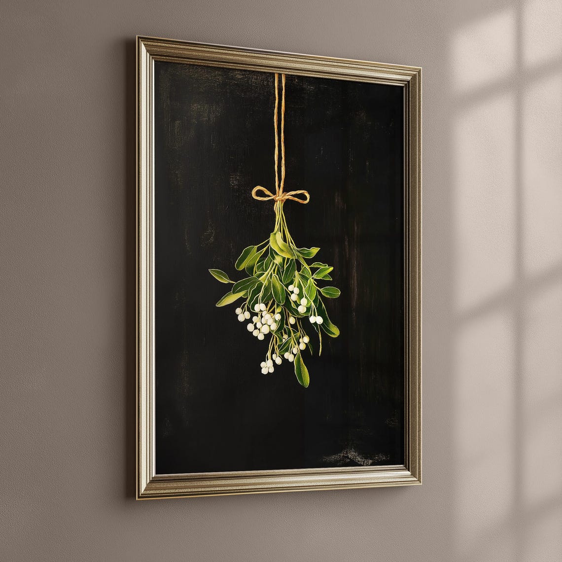 Moody Hanging Mistletoe With White Berries on Black Art Print