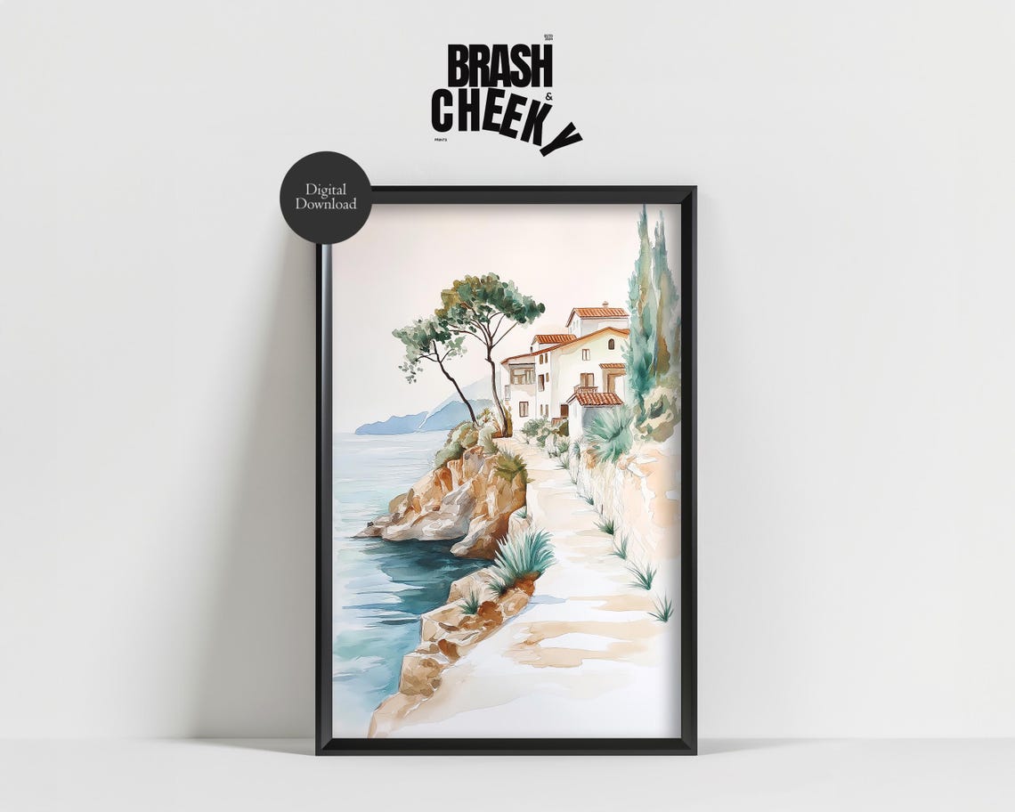 Sunlit Cliffside Villa Over Turquoise Water Coastal Decor Wall Art - Image 3