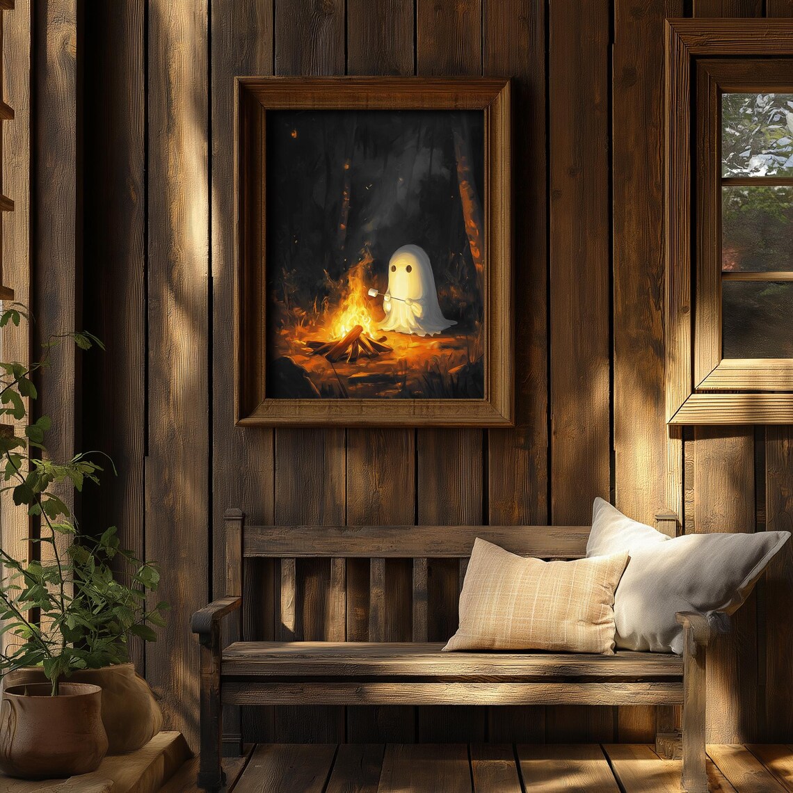 Ghost Roasting Marshmallows By The Campfire Fall Ghost By The Fire Print Cute Ghost Roasting Marshmallows Halloween Art - Image 2
