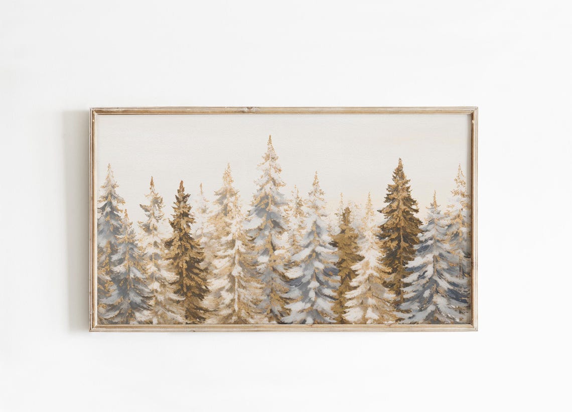 Snowy Evergreen Forest Winter Trees Gold and Blue Art Poster