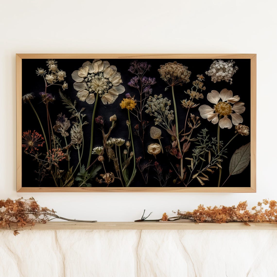 Dark Botanical Wildflowers Dried Pressed Black Background Poster - Image 4
