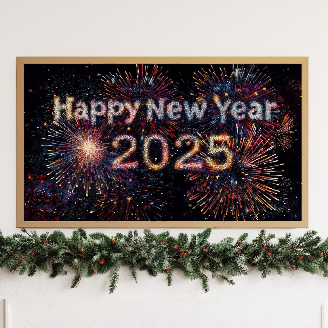 Happy New Year 2025 Fireworks Night Sky Festive Celebration Wall Art - Image 4