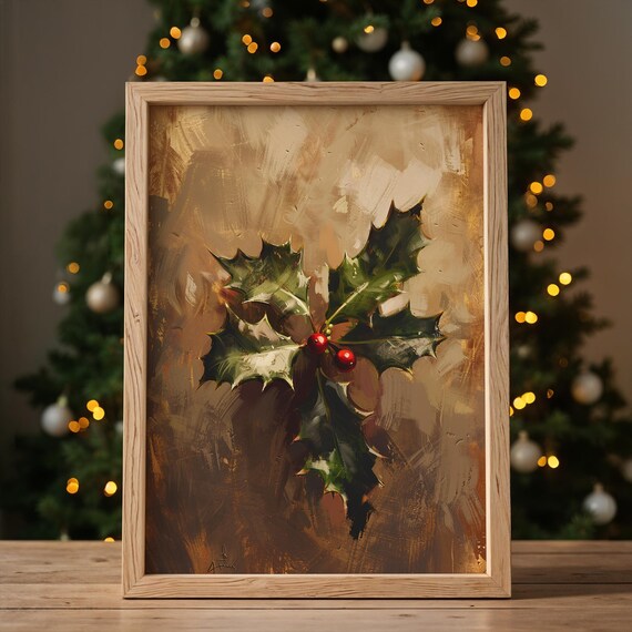 Christmas Holly Leaves Oil Painting Golden Winter Botanical Poster