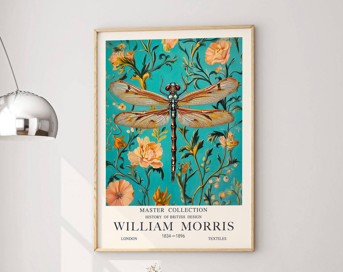 William Morris Dragonfly Teal Floral British Design History Poster