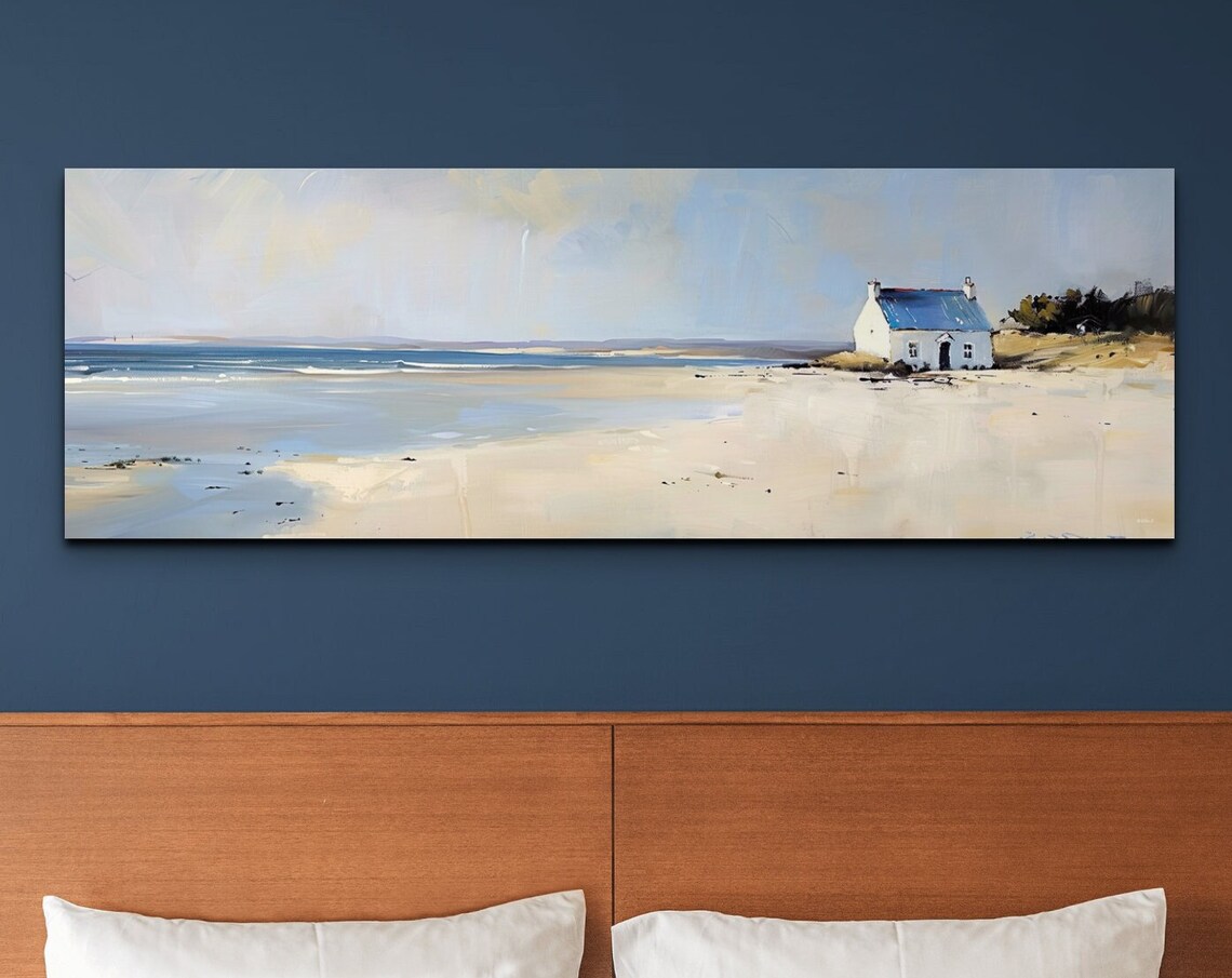 Whitewashed Cottage on Quiet Beach Ocean Oil Painting Wall Poster