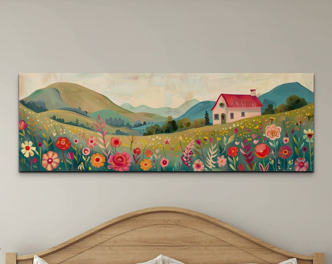 Whimsical Folk Art Cottage in Wildflower Meadow Rolling Hills Poster