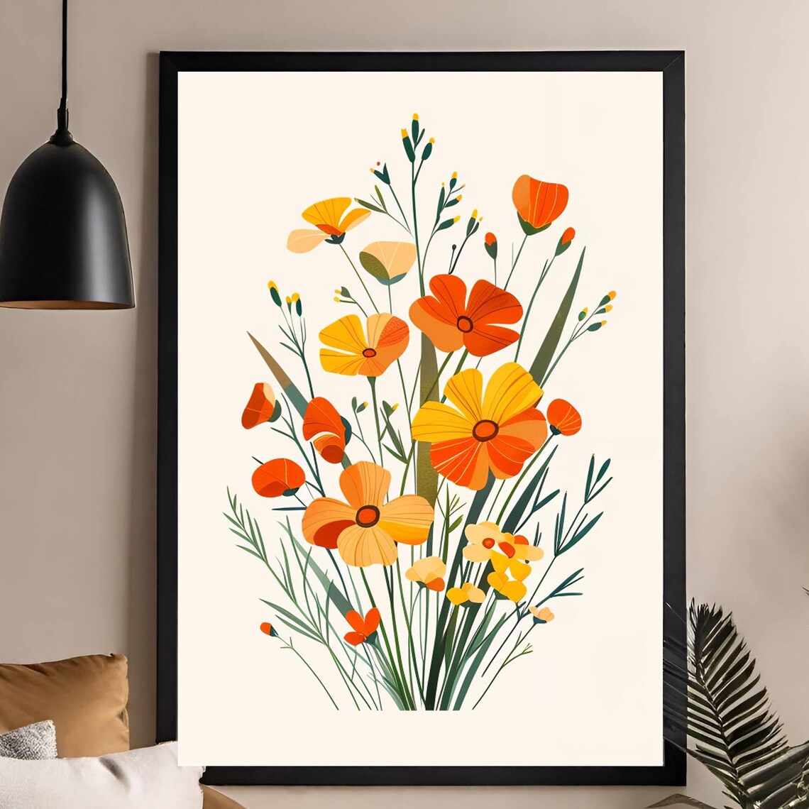 Orange Poppy Wildflower Bouquet Modern Botanical Illustration Poster