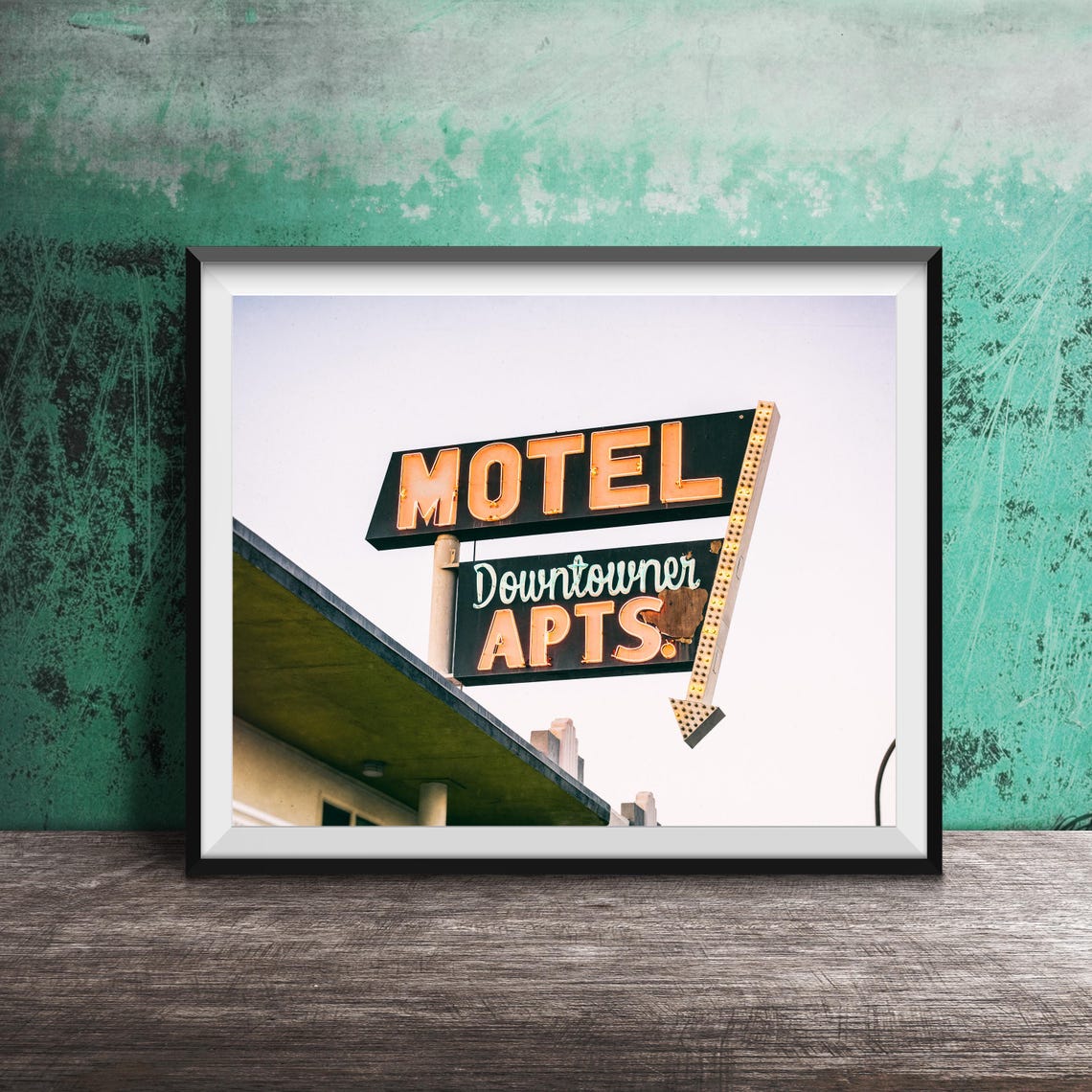 Downtowner Motel Apartments Retro Neon Arrow Sign Photography Poster