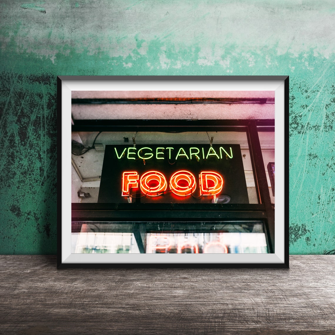 Vegetarian Food Glowing Neon Window Sign Green And Red Poster