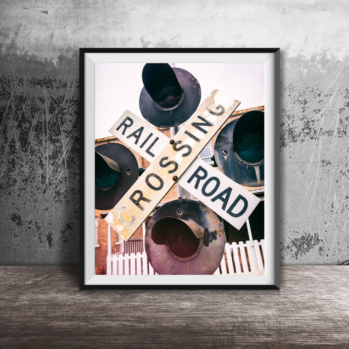 Railroad Crossing Vintage Crossbuck Signal Light Industrial Art Poster