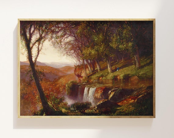 Forest And Waterfall Painting Art Print Art For Home Decor Calming Poster Nature Wall Art Vintage Home Decor