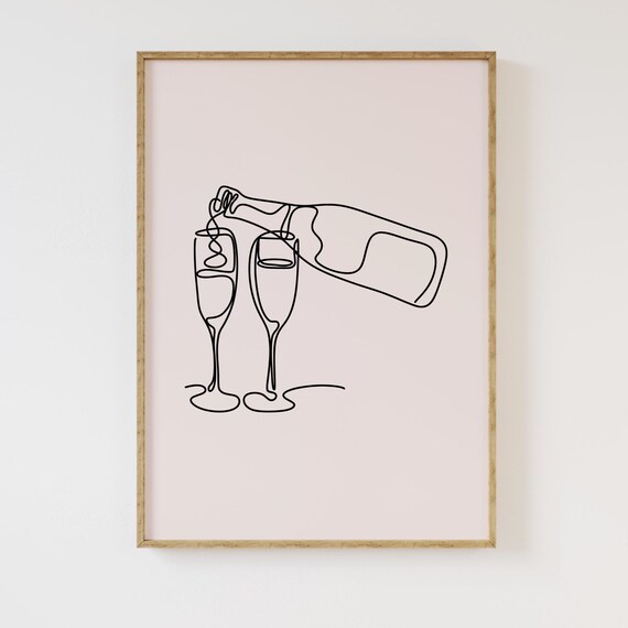 Champagne Pour One Line Drawing Flutes Minimalist Party Wall Art