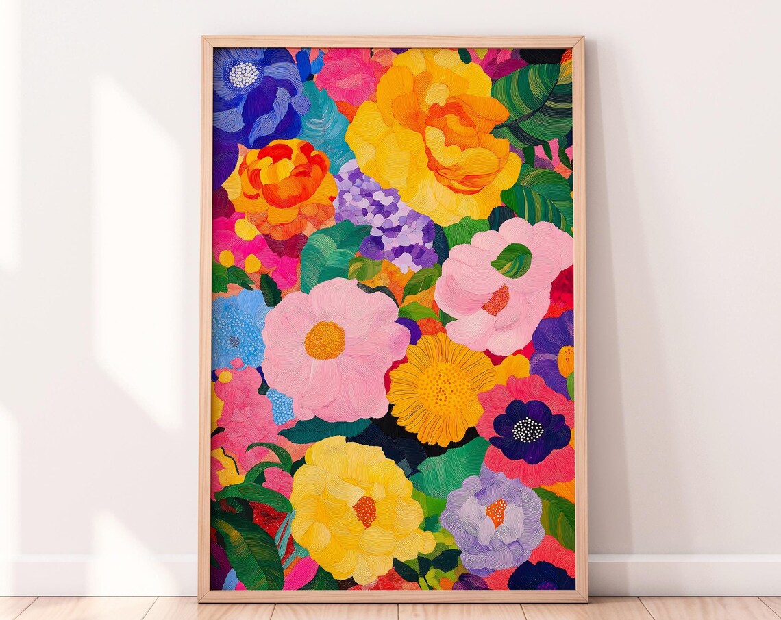 Dense Colorful Flower Garden Bloom Maximalist Floral Painting Poster