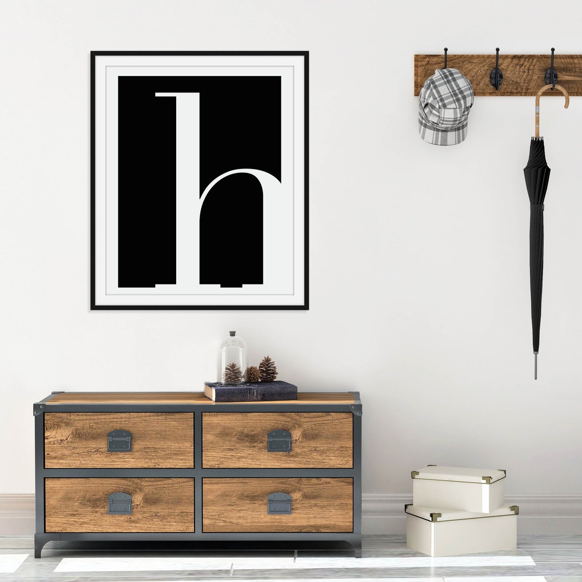 Lowercase Letter H Monogram Poster White on Black Modern Decor - Image 2