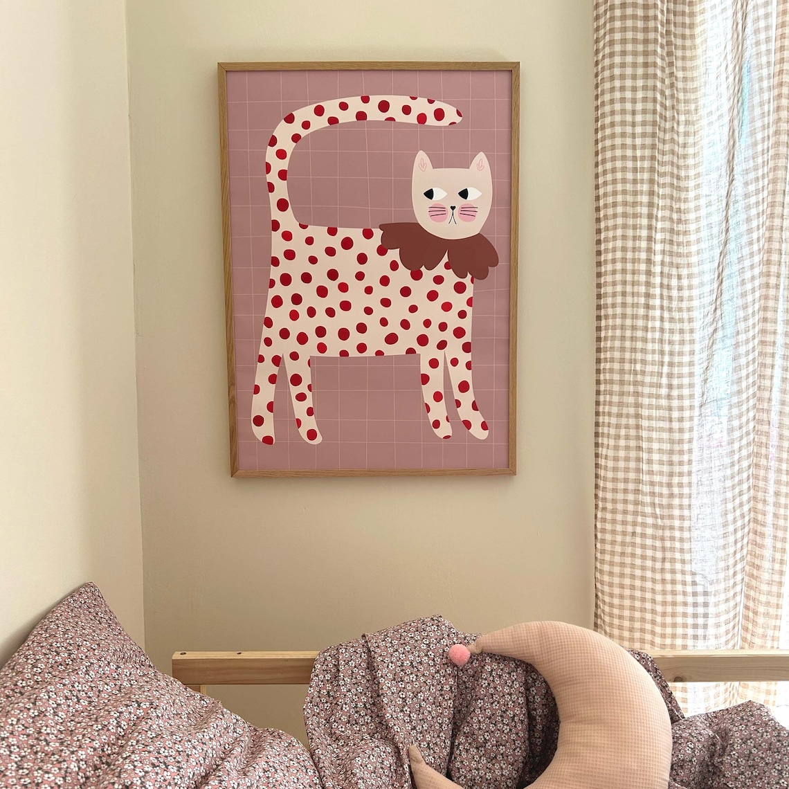 Cat Print Red Polka Dots Poster for Kids Room - Image 2