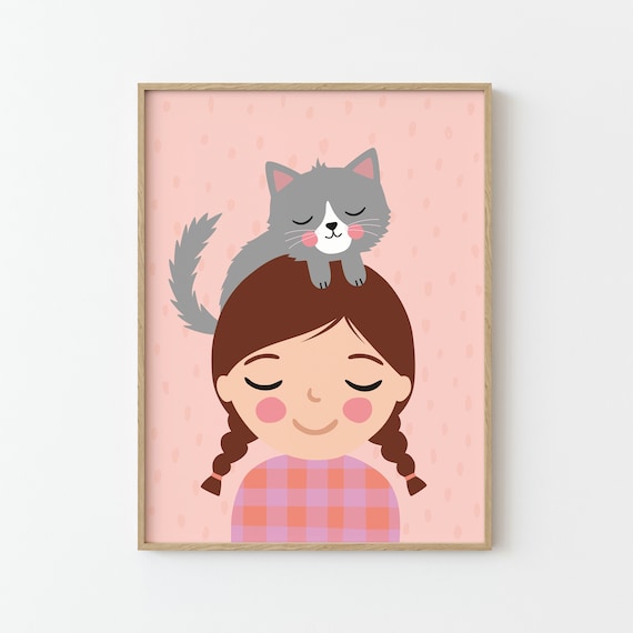 Personalized Girl With a Cat Peachy Art Print