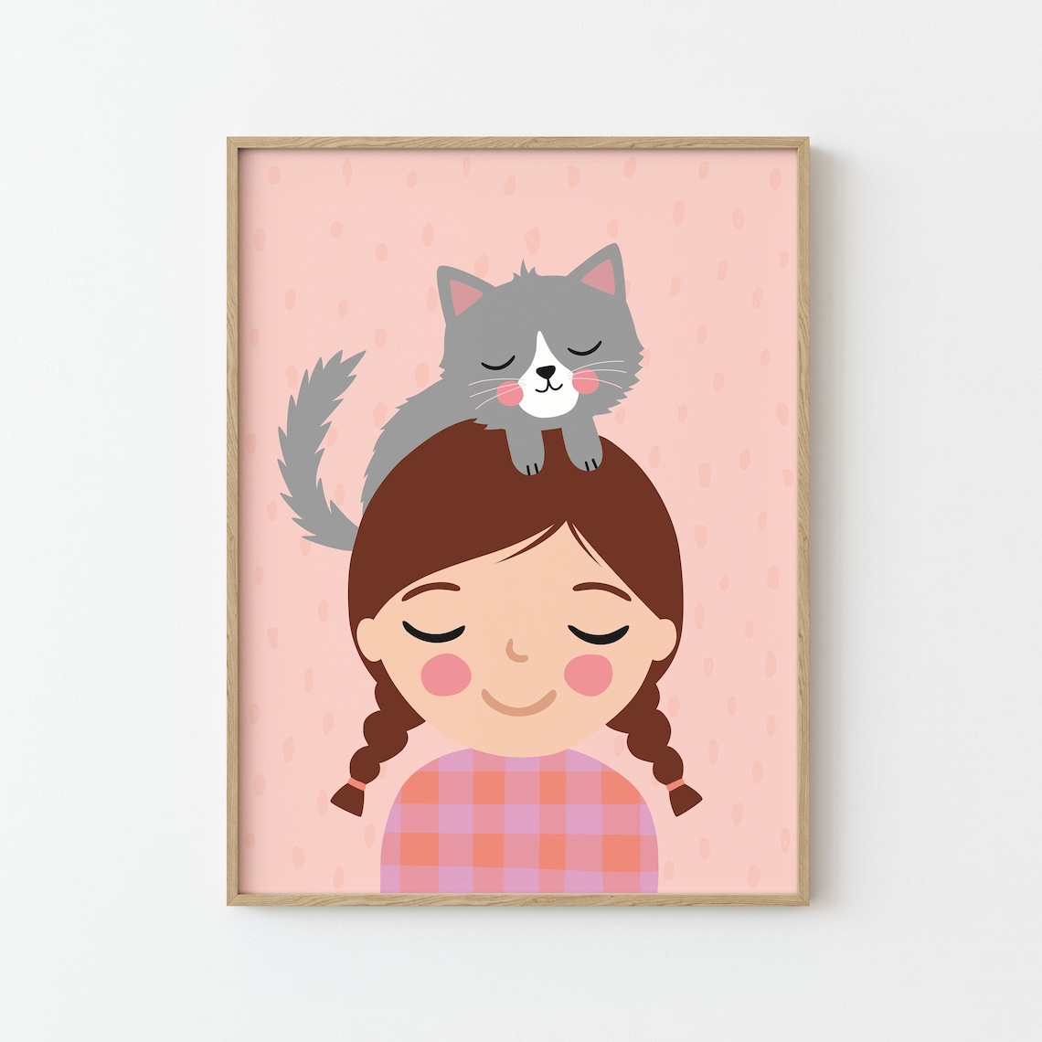 Personalized Girl With a Cat Peachy Art Print