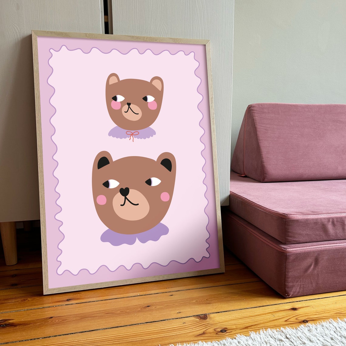 Mama And Baby Bear Faces Pink Lavender Nursery Wall Decor Poster - Image 2