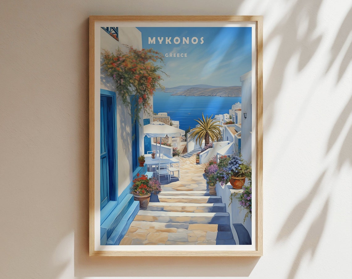 Mykonos Greece Whitewashed Steps Blue Doors Aegean Sea Travel Poster