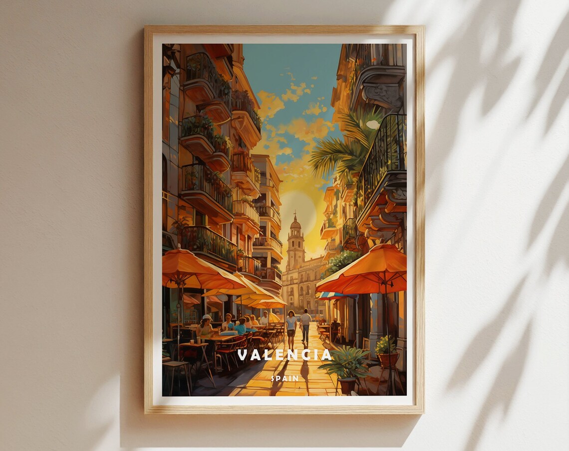 Valencia Spain Golden Hour Warm Sunset Cafe Street Travel Poster