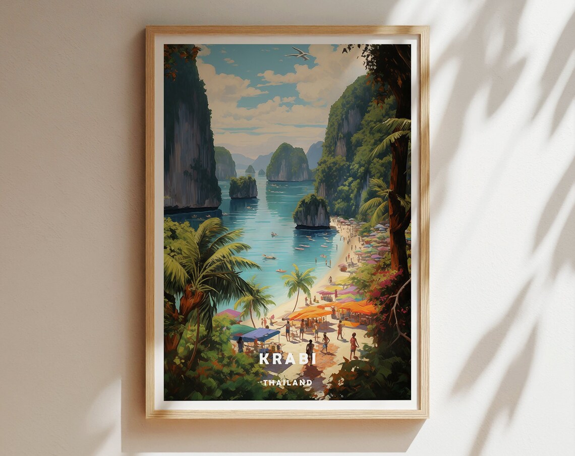 Krabi Thailand Karst Cliffs Beach Lagoon Boats Travel Poster