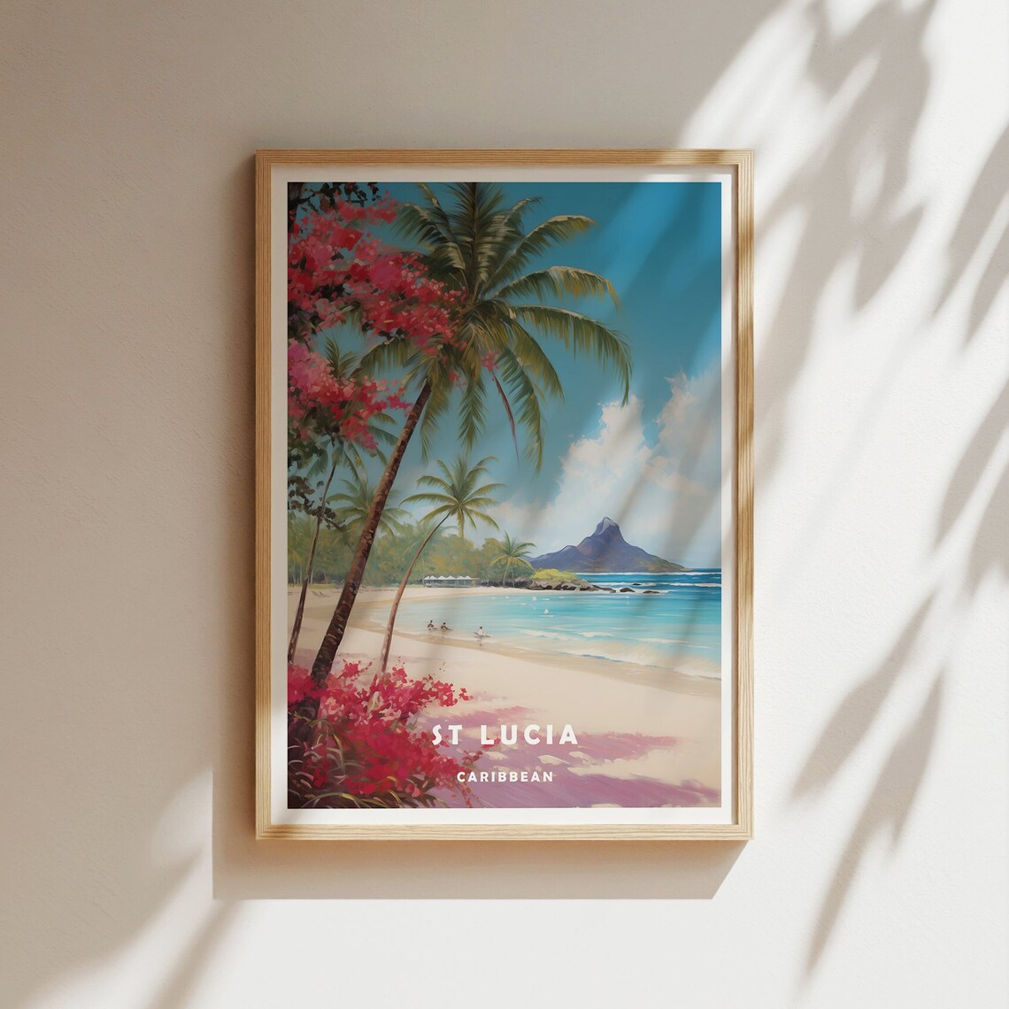 St Lucia Caribbean White Sand Palm Beach Bougainvillea Travel Poster