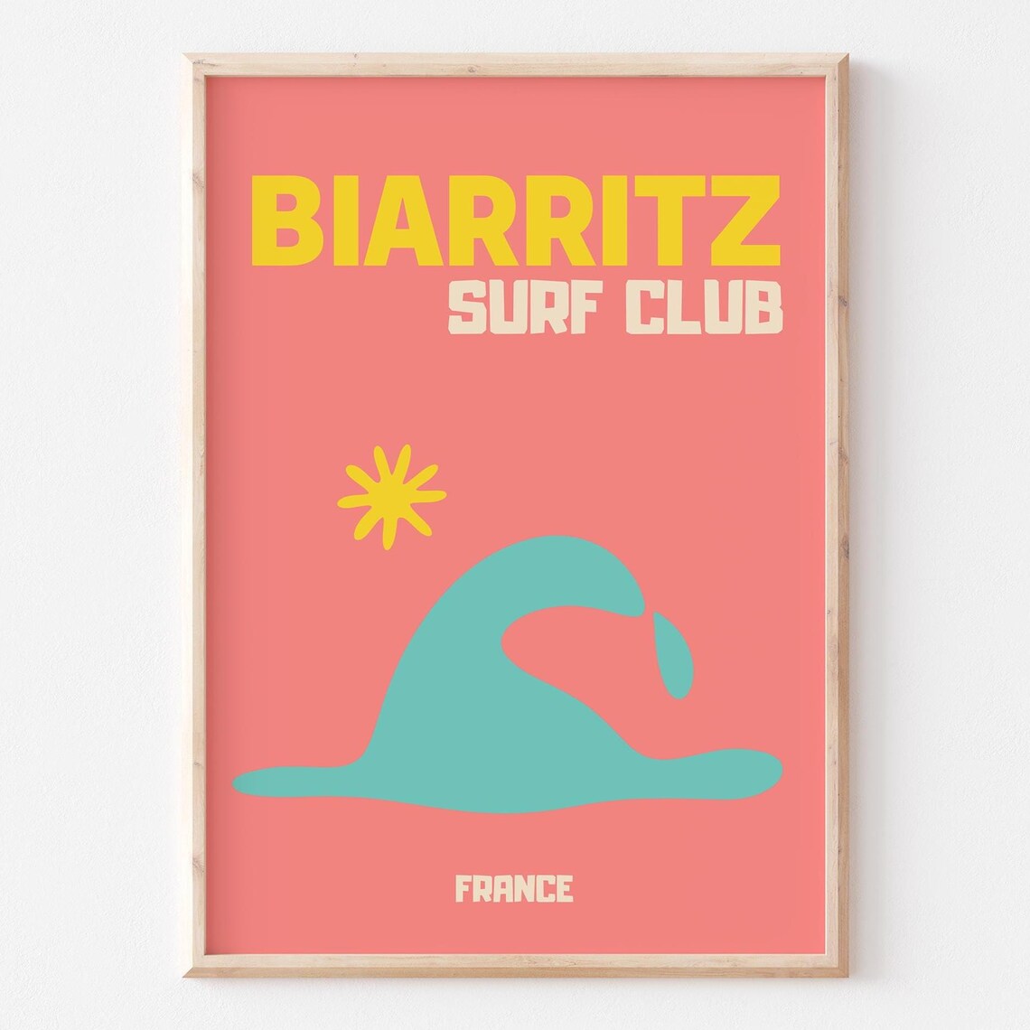 Biarritz Surf Club France Coral Retro Wave Beach Travel Poster