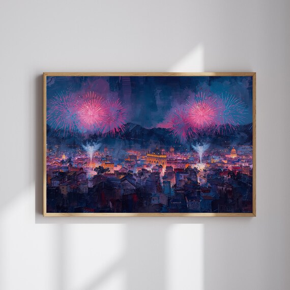 City Fireworks Oil Painting Vibrant Night Skyline Wall Art Colorful Print