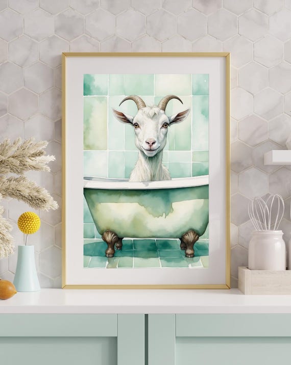 Funny Goat In Bathtub Wall Art Watercolor Bathroom Animal Decor Instant