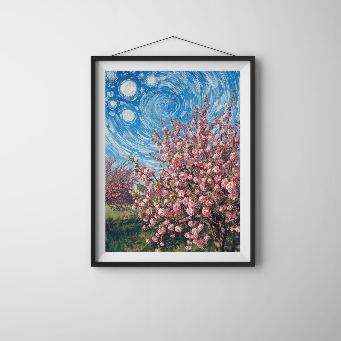 Pink Blossoms Under Starry Night Sky Swirling Brushstrokes Poster