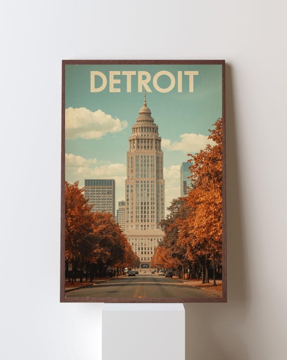 Detroit Michigan Art Deco Skyscraper Autumn Trees Retro Poster