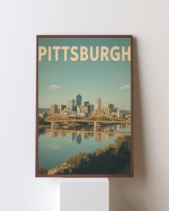 Pittsburgh Retro Travel Poster, Vintage Skyline