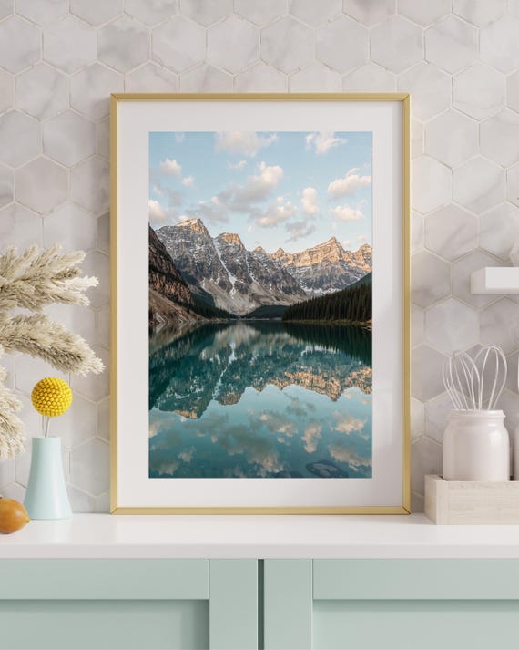 Lake Reflection Wall Art Realistic Mountain Sunrise Scene Calm Nature Landscape